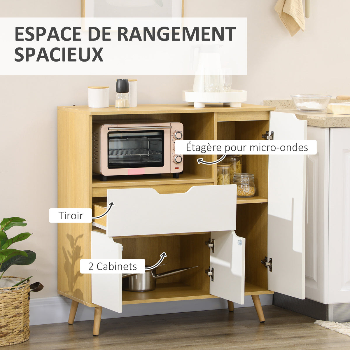 Meuble de rangement cuisine pour micro-ondes, 1 tiroir, 2 placards une étagère, 90 x 40 x 98,5 cm, bois et blanc-3