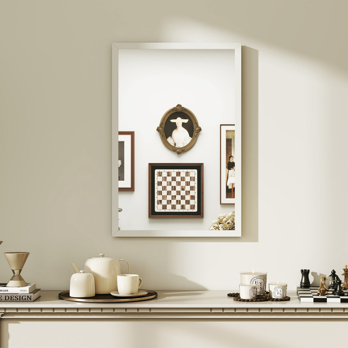 Miroir mural rectangulaire 60 x 40 cm, cadre en bois blanc, idéal pour la salle de bain, salon ou chambre-1