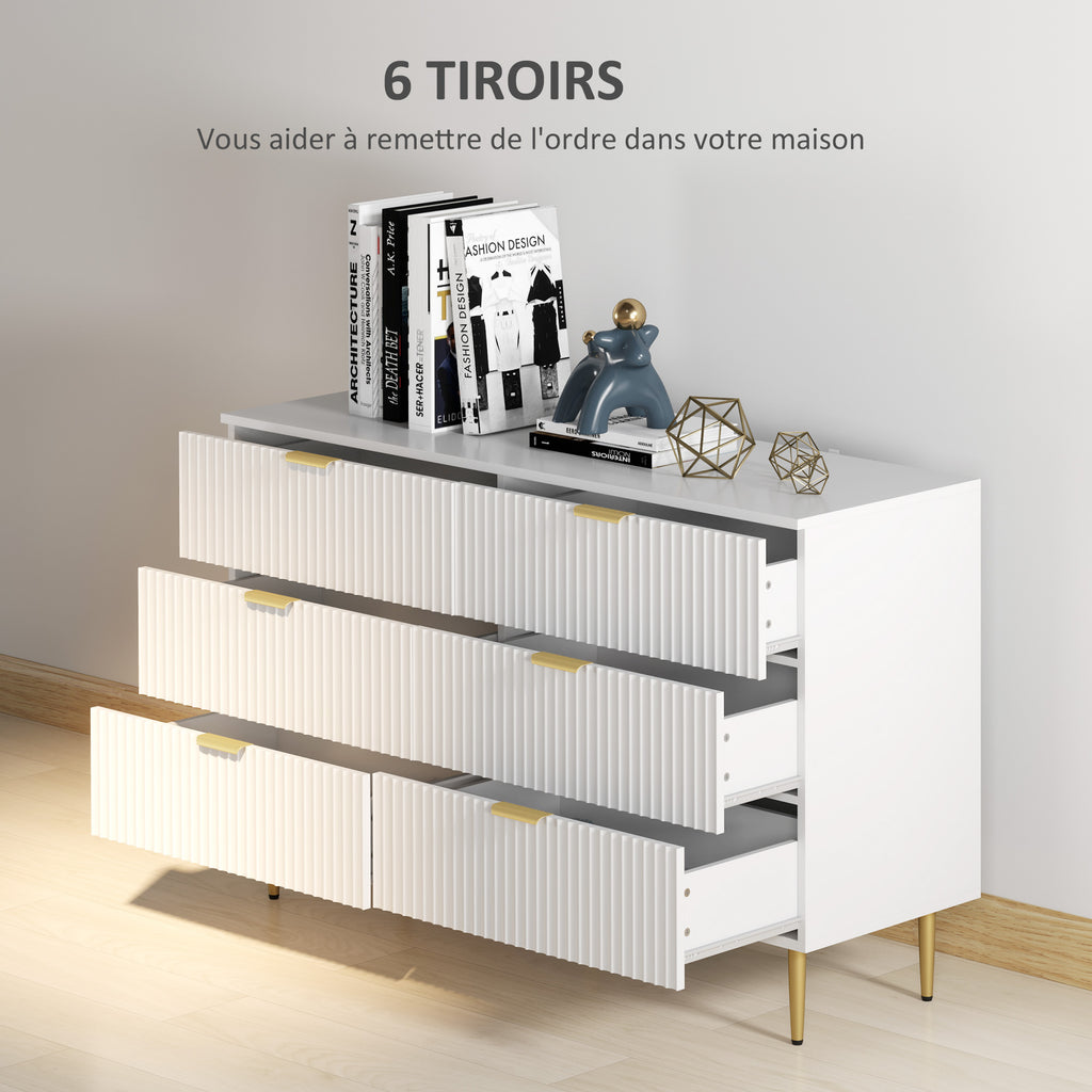 Commode 6 tiroirs commode chambre meuble de rangement moderne avec poignées et pieds dorés, 120 x 40 x 76,5 cm, blanc-3