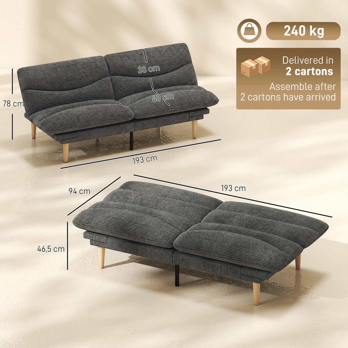 Canapé Convertible 2 Places 3 en 1, Canapé-Lit Clic Clac en Velours Côtelé 193 cm, Dossier et Accoudoirs Réglables, Gris-2
