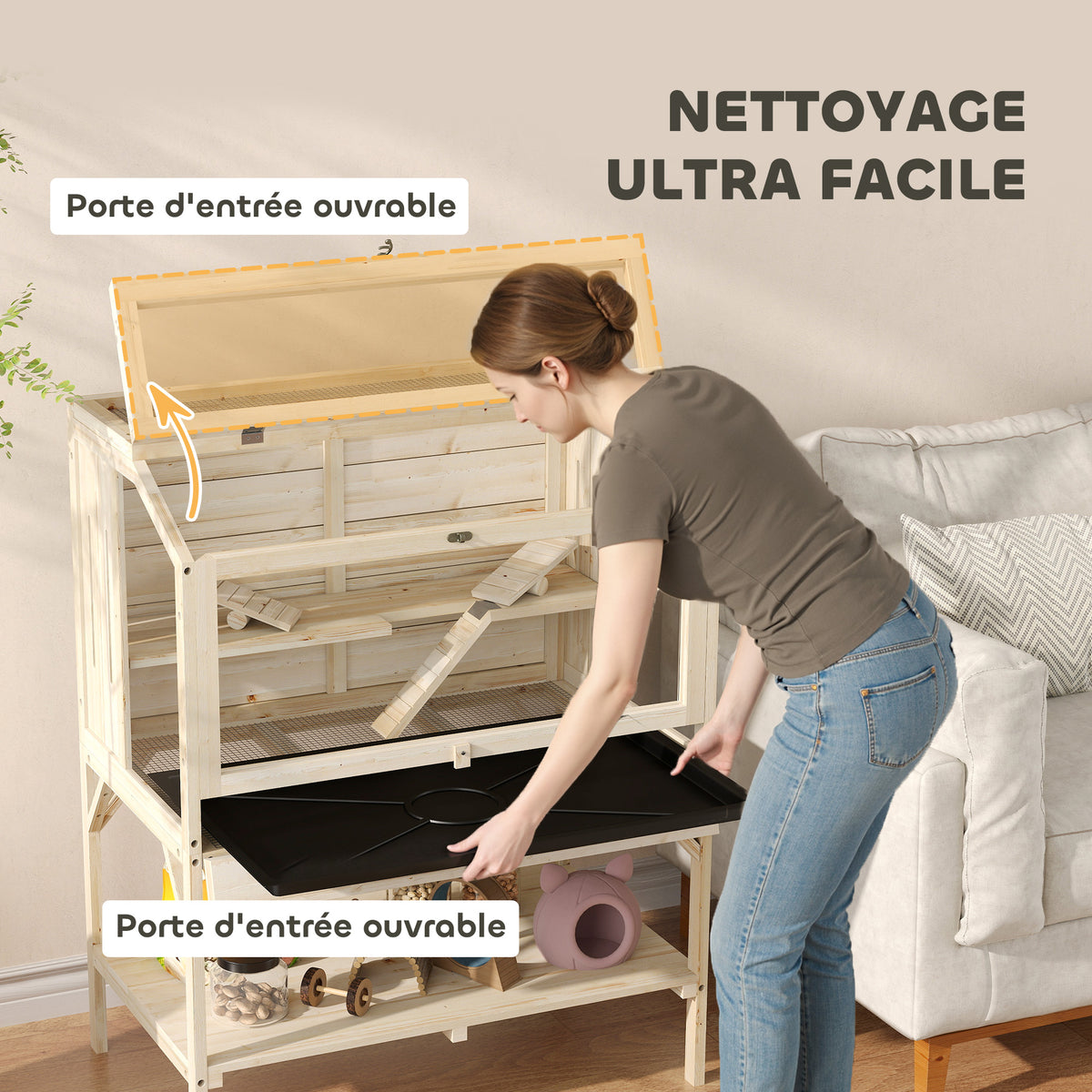 Cage hamster en bois, cage rongeur à 2 niveaux, étagère de rangement, couvercle ouvrant, 84 x 53 x 110 cm, bois naturel-4