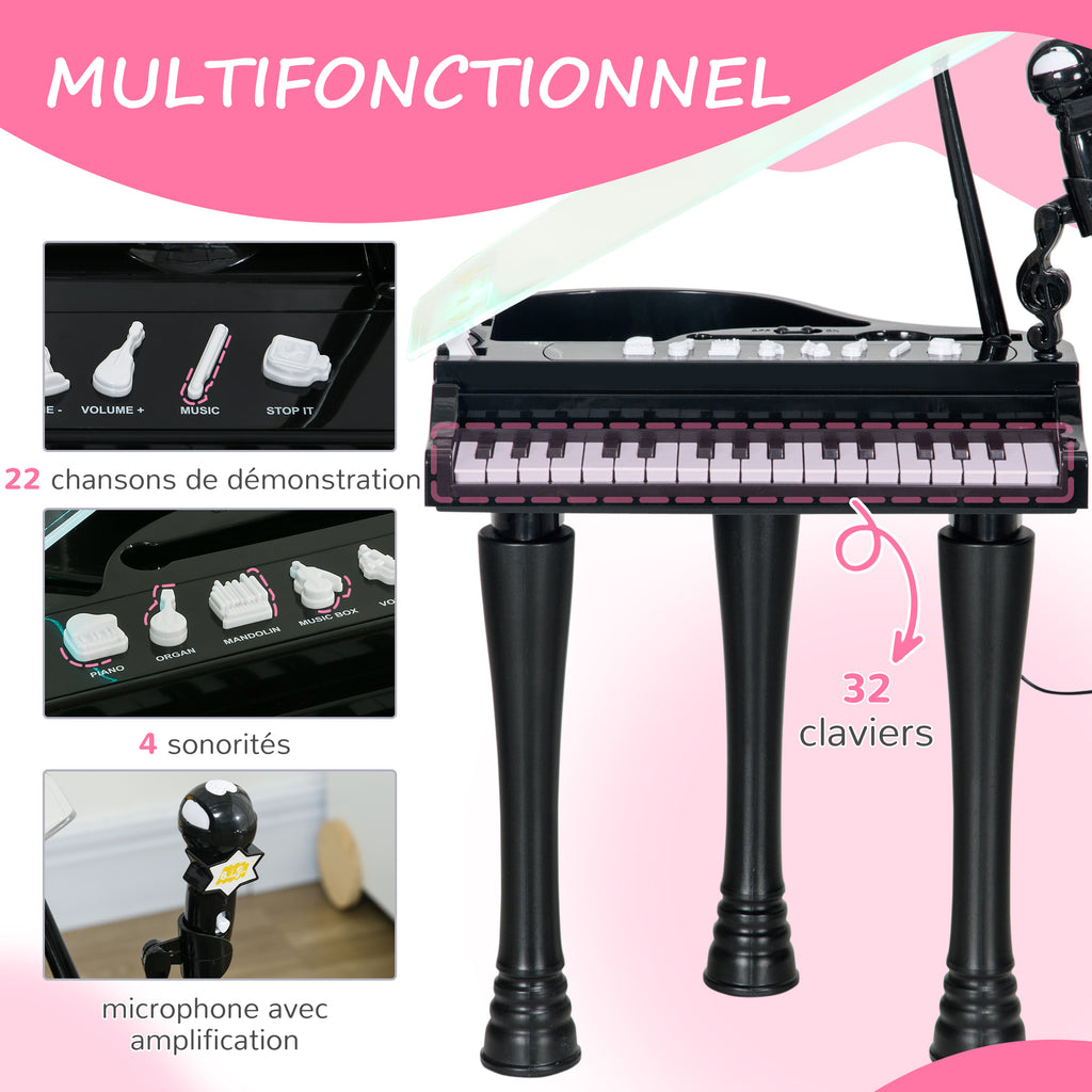 Piano enfant électronique 32 touches multifonctions avec micro haut parleur tabouret couvercle lumineux LED noir-3
