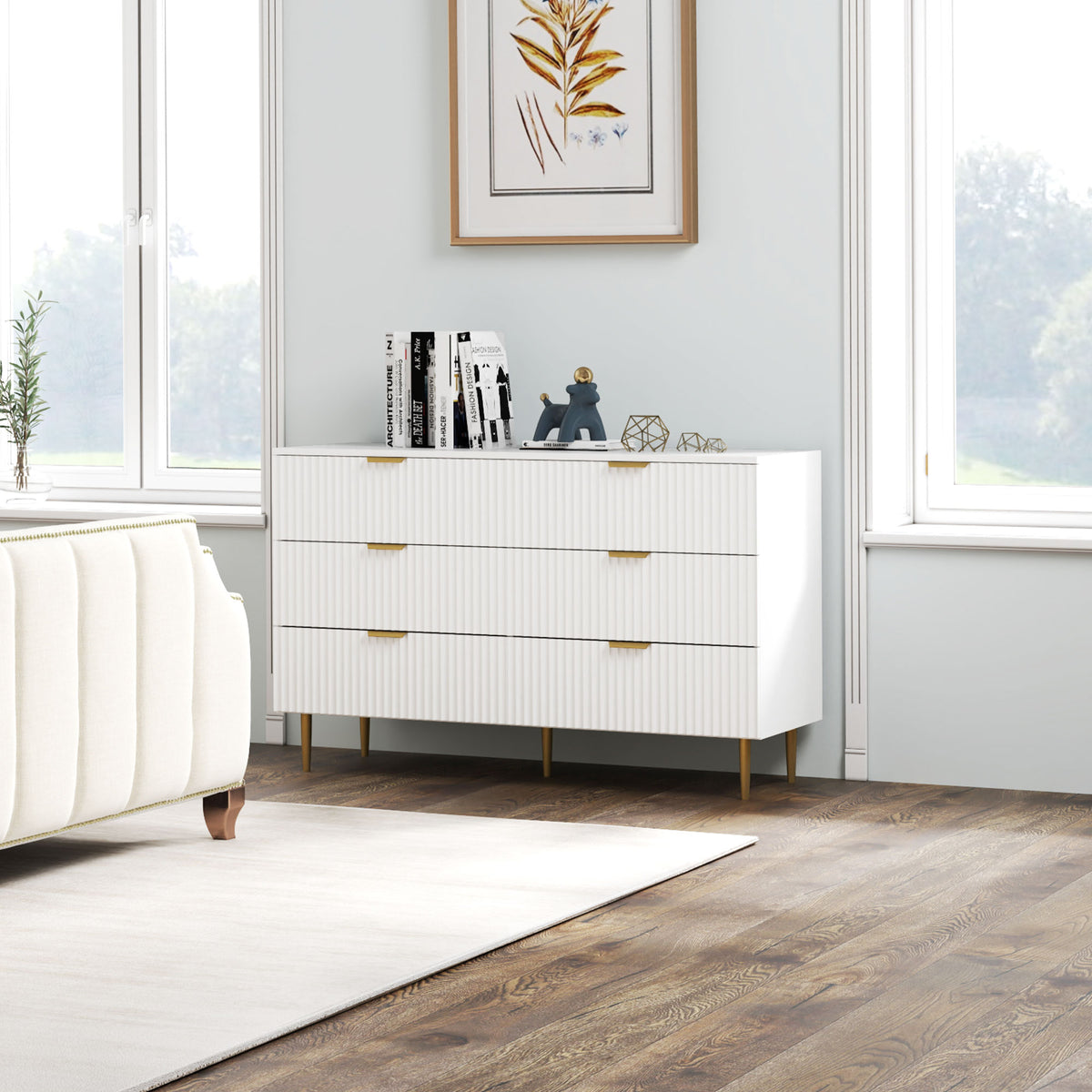 Commode 6 tiroirs commode chambre meuble de rangement moderne avec poignées et pieds dorés, 120 x 40 x 76,5 cm, blanc-9