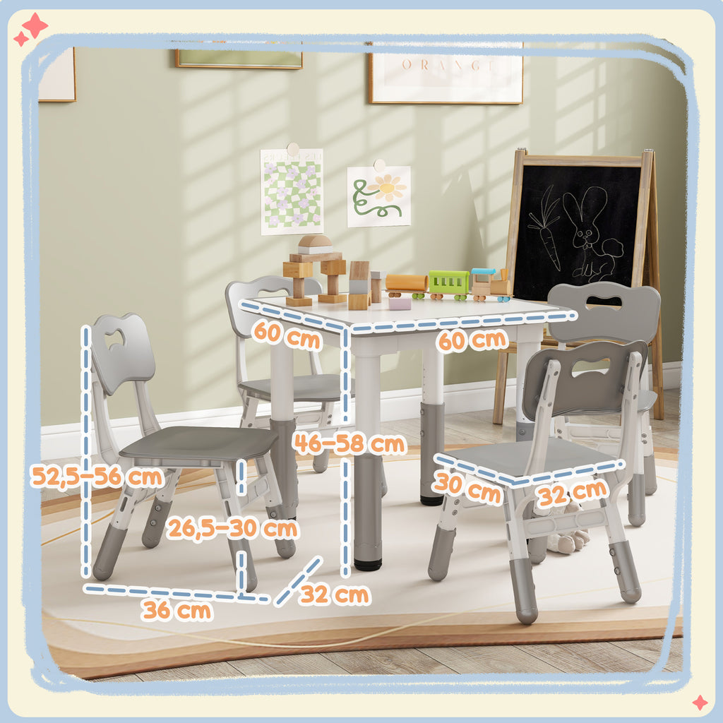 Ensemble 1 table et 4 chaises pour enfants à hauteur réglable, set de 5 pièces, gris-2