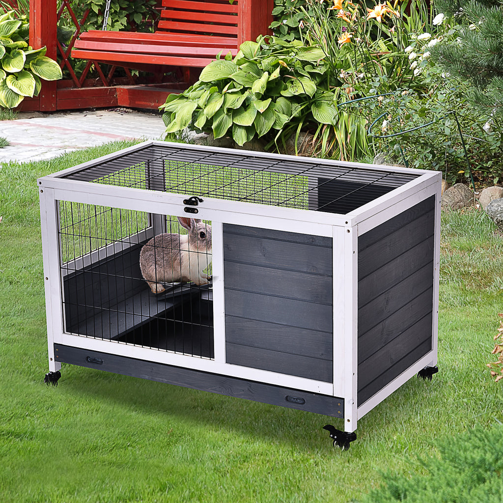 Clapier lapin intérieur, cage à lapins avec toit ouvrant, roulettes, plateau amovible et rampe, cage en bois, 90 x 53 x 59 cm, gris foncé et blanc-1