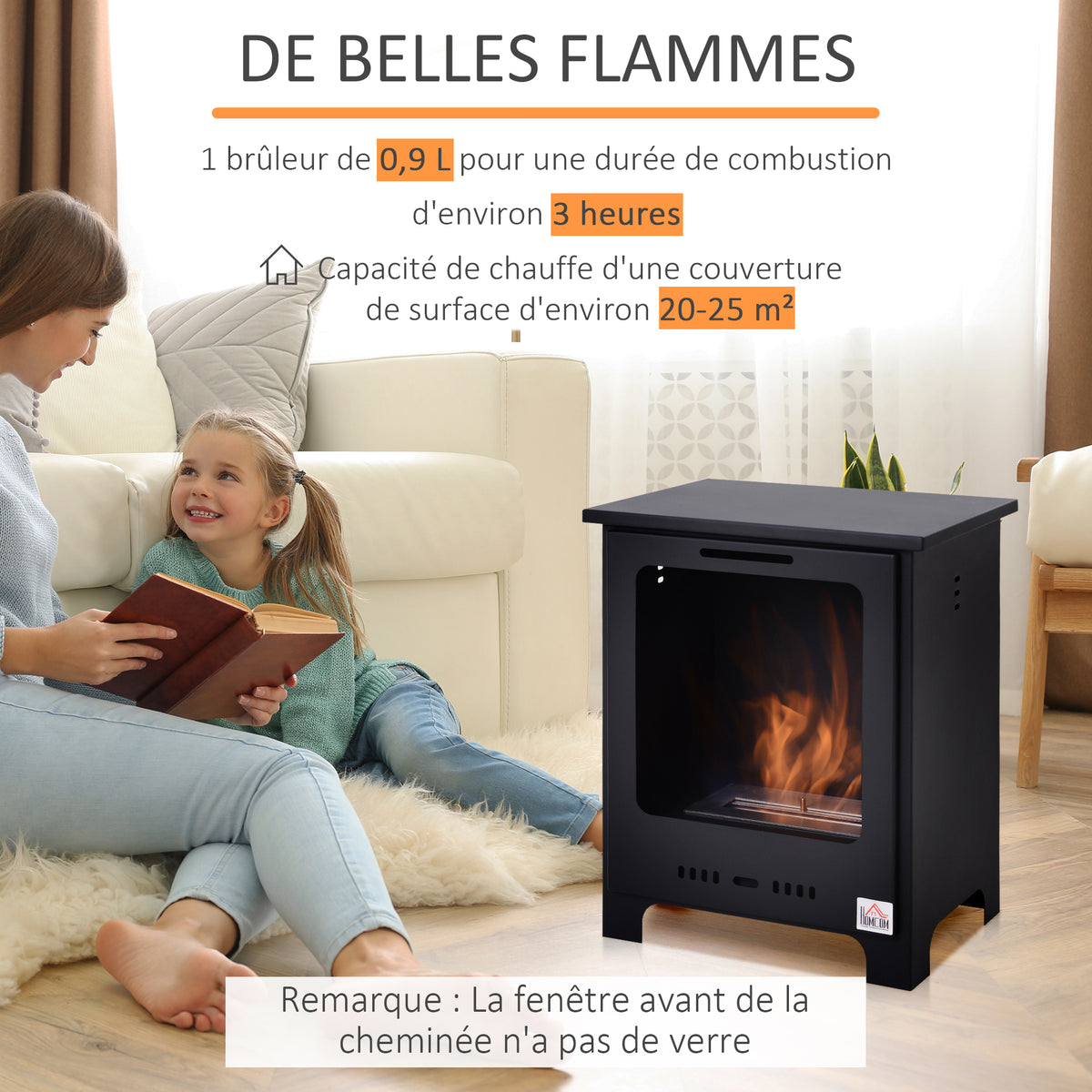 Cheminée bioéthanol sur Pieds brûleur 0,9 L, 3h de durée de combustion Style néo-rétro poêle dim. 40L x 30l x 50H cm Couverture 20-25 m² Noir-3