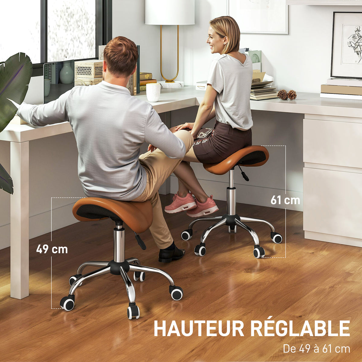 Tabouret à roulettes, chaise de travail avec hauteur réglable 49-61 cm et selle ergonomique, 52x53x49-61cm, marron-3
