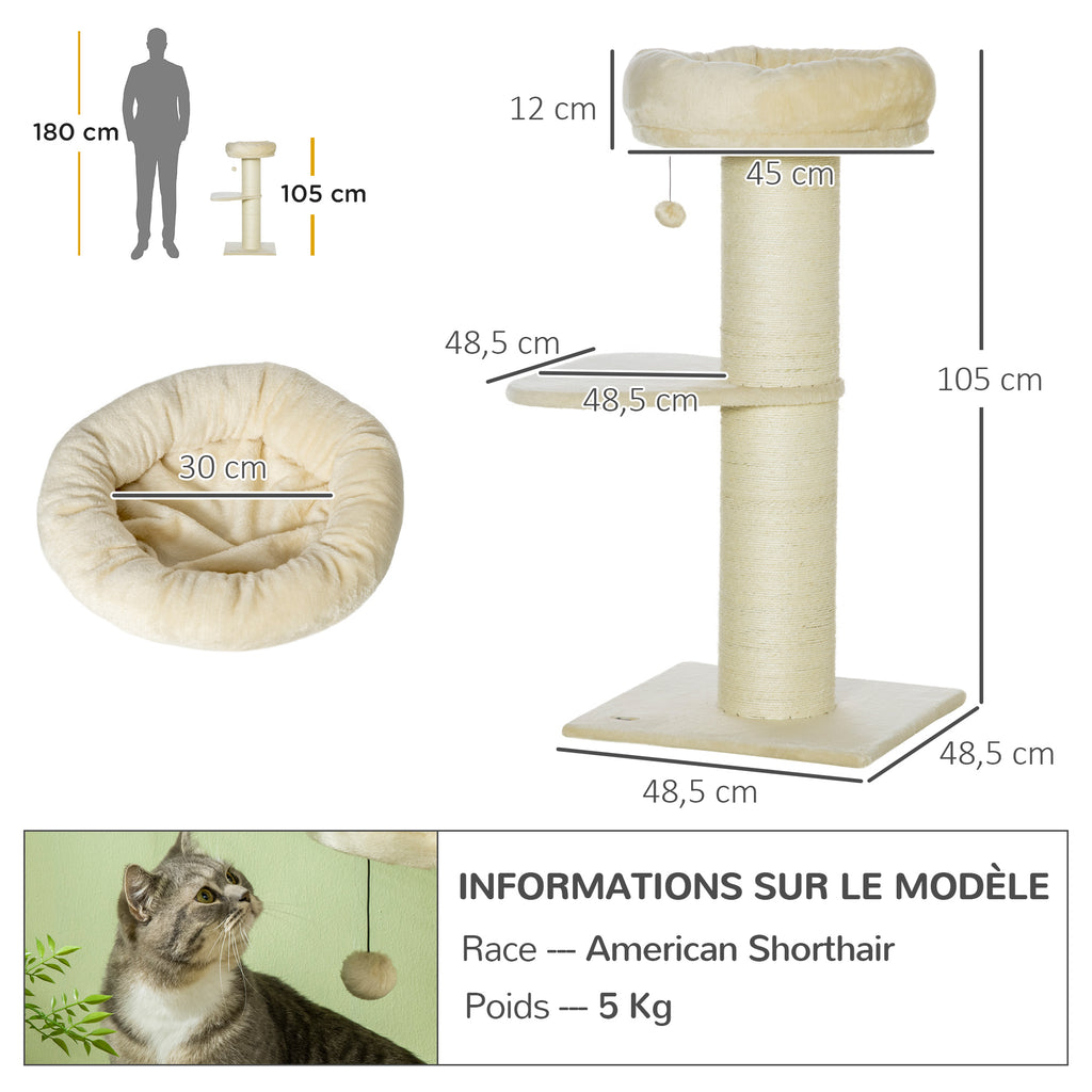 Arbre à chat griffoir sisal naturel 2 plateforme panier observation jeu boule suspendue peluche beige-2