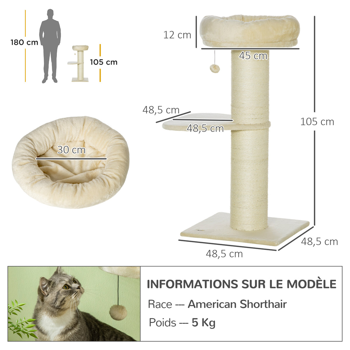 Arbre à chat griffoir sisal naturel 2 plateforme panier observation jeu boule suspendue peluche beige-2
