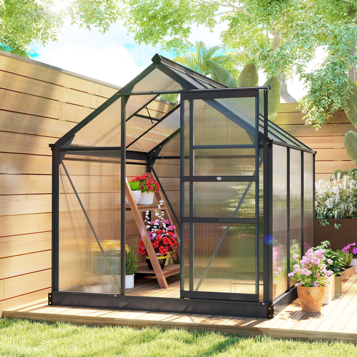 Serre de jardin polycarbonate 3,65m² 190 x 192 x 201 cm résistant aux UV fondation renforcé gouttière Gris-1