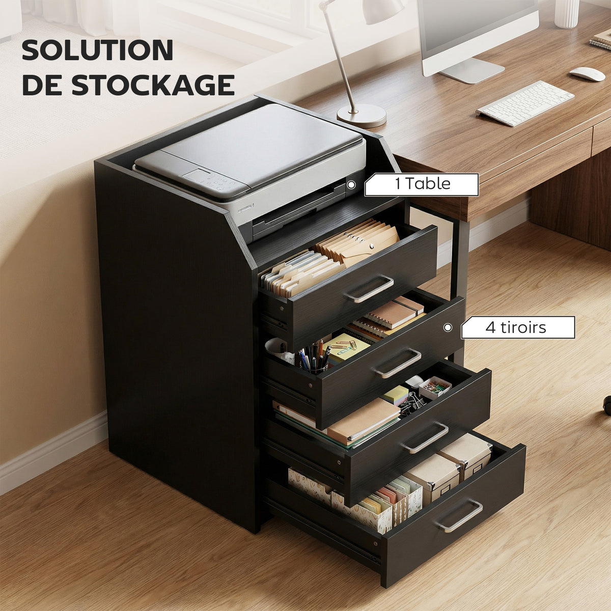 Caisson de bureau rangement sur roulettes 4 tiroirs coulissants en bois  40 x 36 x 65 cm noir-3