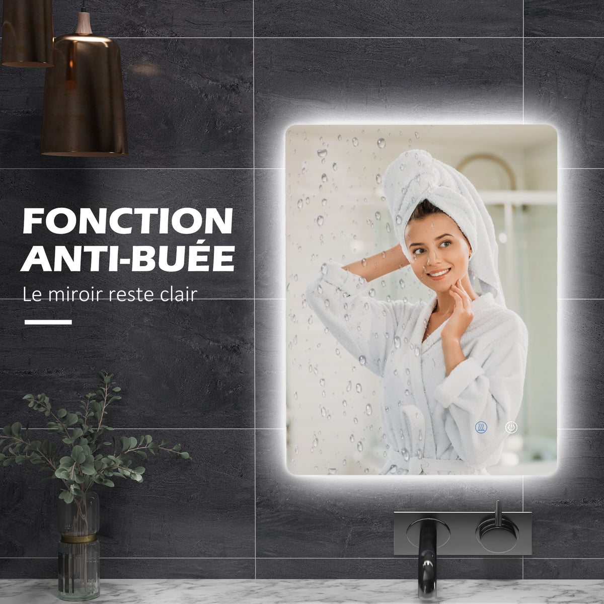 Miroir rectangulaire mural lumineux LED de salle de bain 80 x 60 cm luminosité réglable blanc transparent-6