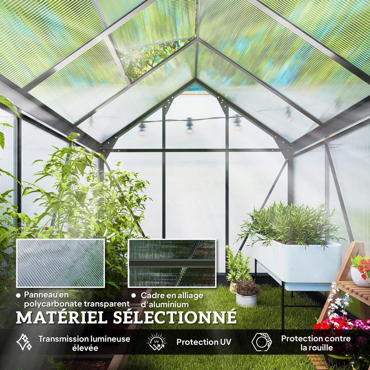 Serre de jardin polycarbonate 3,65m² 190 x 192 x 201 cm résistant aux UV fondation renforcé gouttière Gris-4