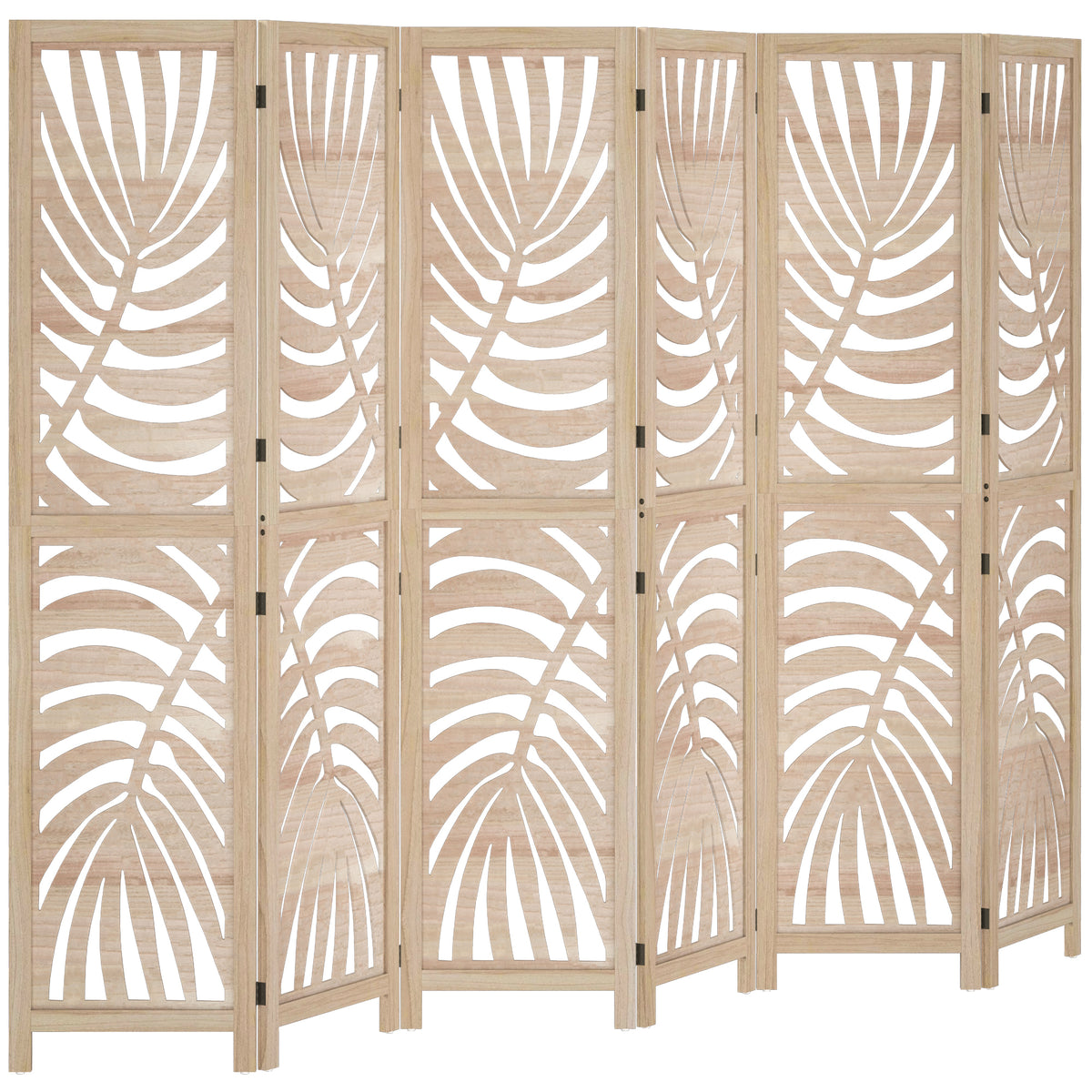Paravent interieur en bois 6 panneaux 240 x 170 cm, pliable et portable, motif de feuille, design amovible, bois naturel-0