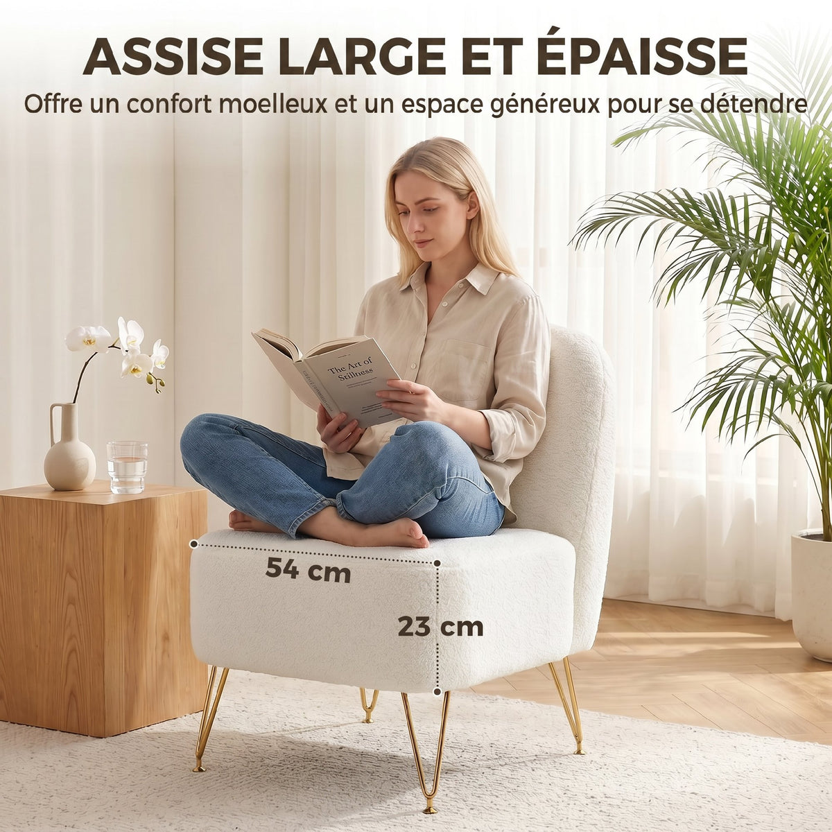 Fauteuil Salon Sans Accoudoirs, Fauteuil d'Appoint Rembourré en Tissu Bouclette, Coussin Épais, Assise Large, Blanc-3