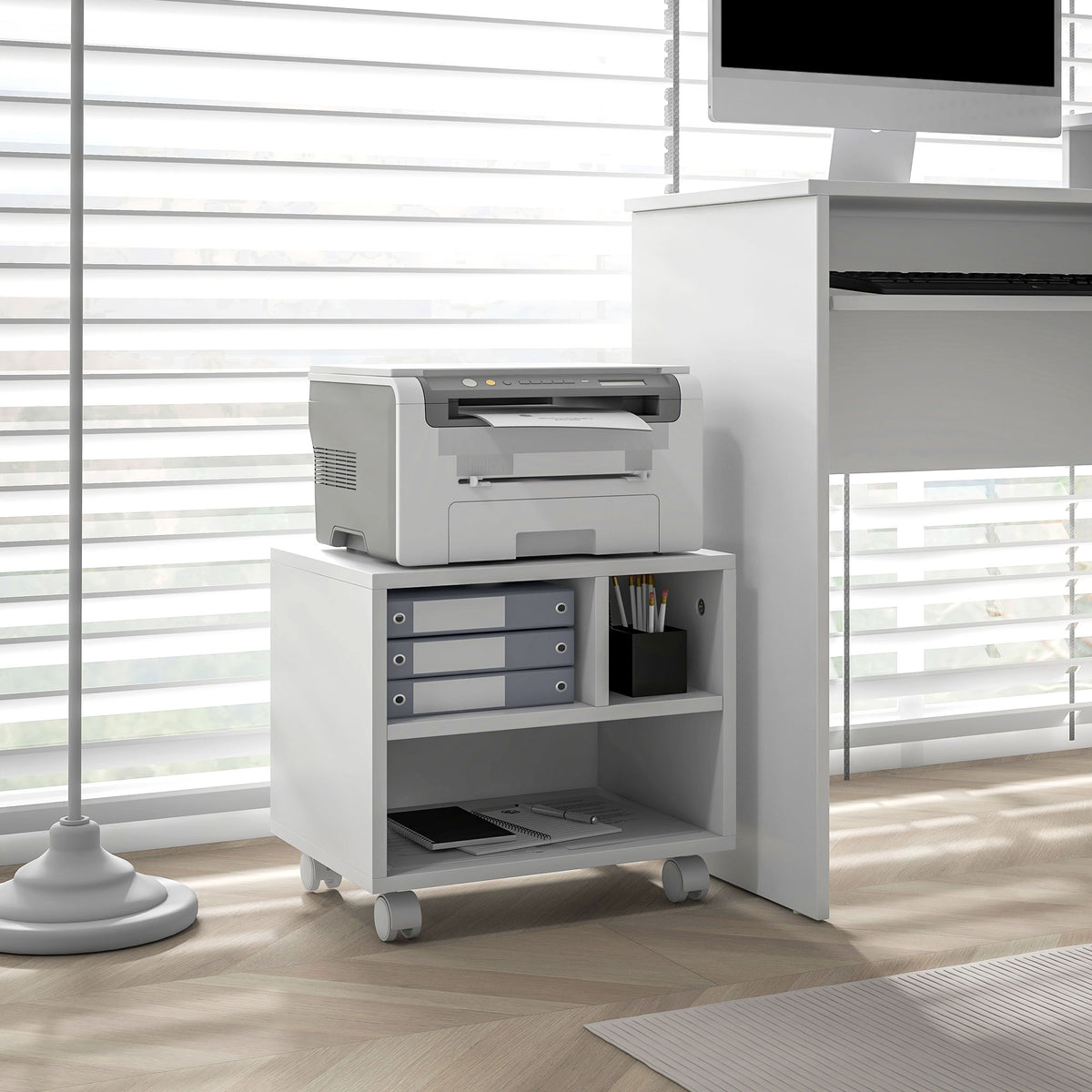Support d'imprimante meuble de rangement bureau caisson 4 compartiments ouverts 40L x 30l x 36H cm blanc-8