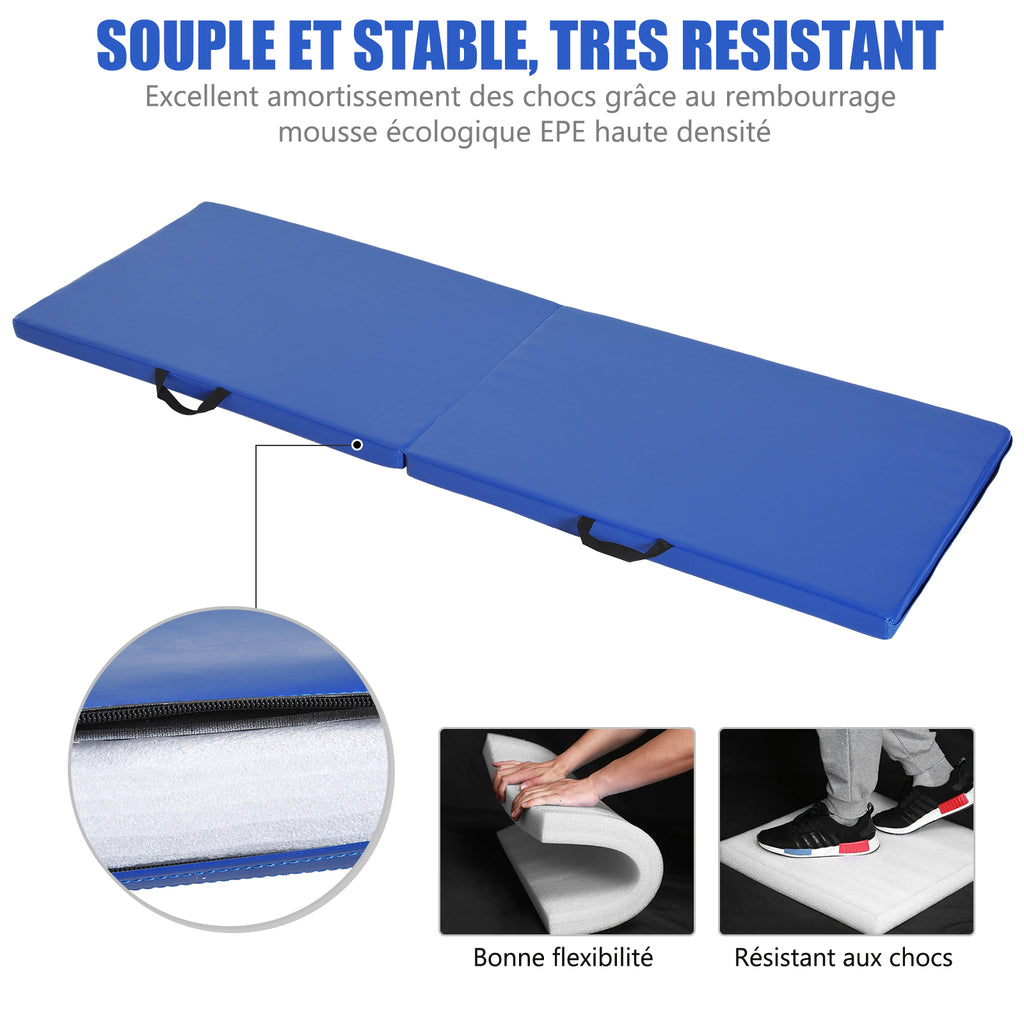 Tapis de gymnastique yoga pilates fitness pliable portable grand confort 180L x 60l x 5H cm revêtement synthétique bleu-6