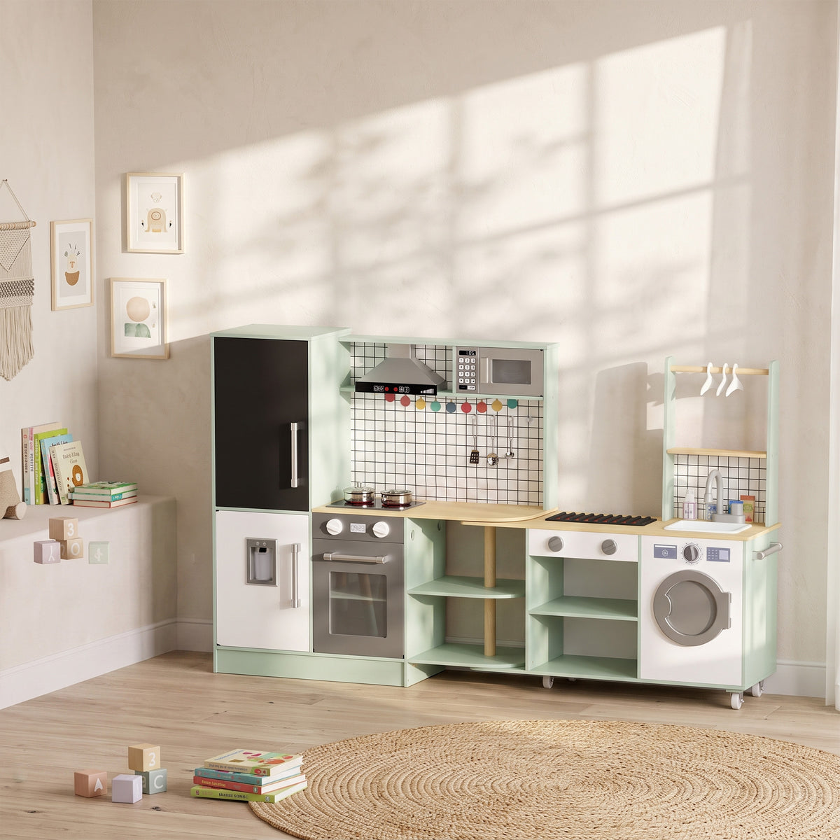 Cuisine Enfant Jouet d'Imitation, Micro-Ondes, Four, Plateau Rotatif sur Roulettes, 160x32x97,5cm, Vert Clair-1