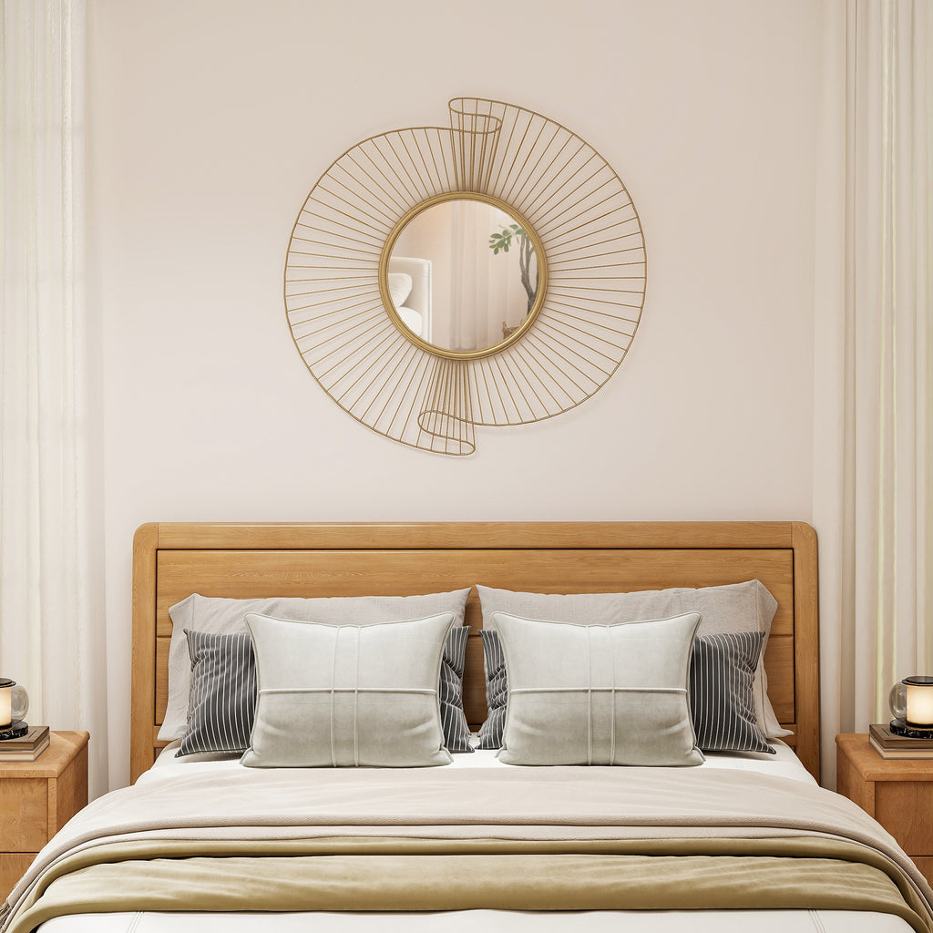 Miroir décoratif rond 60 cm avec fixation à 360°, décoration murale en métal moderne avec détails plissés, doré-7