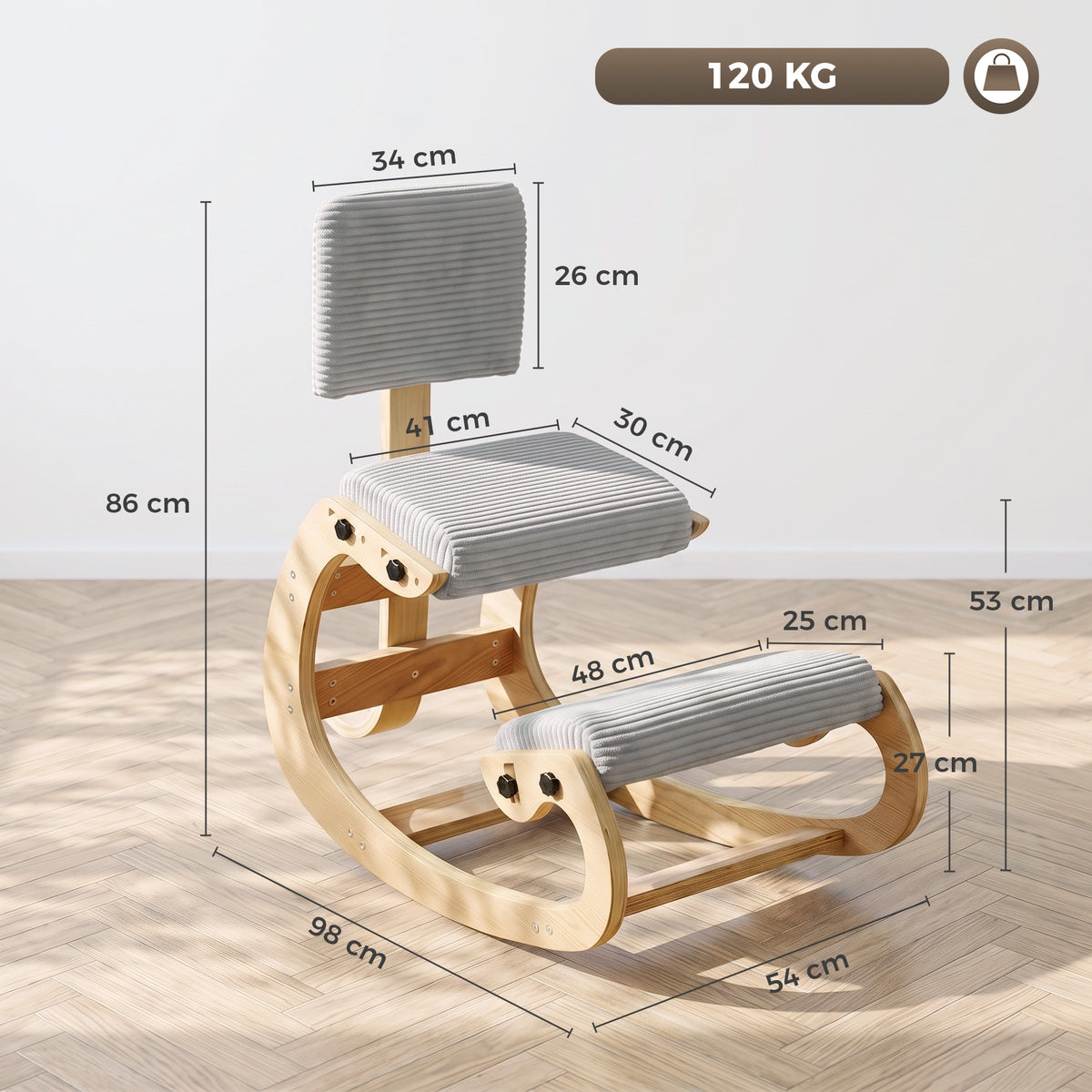 Chaise à Genoux Ergonomique avec Dossier, Siège Assis Genoux à Bascule Rembourré en Velours Côtelé, Gris Clair-2