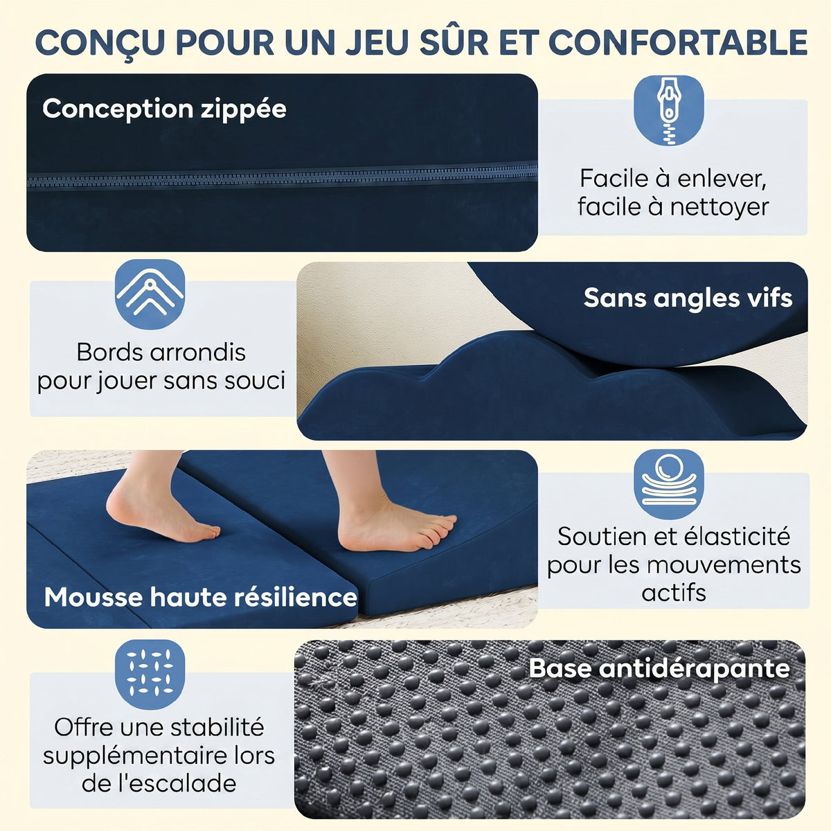 Parcours motricité bébé 7PCS, module en mousse avec housse en velours et base antidérapante, bleu-4