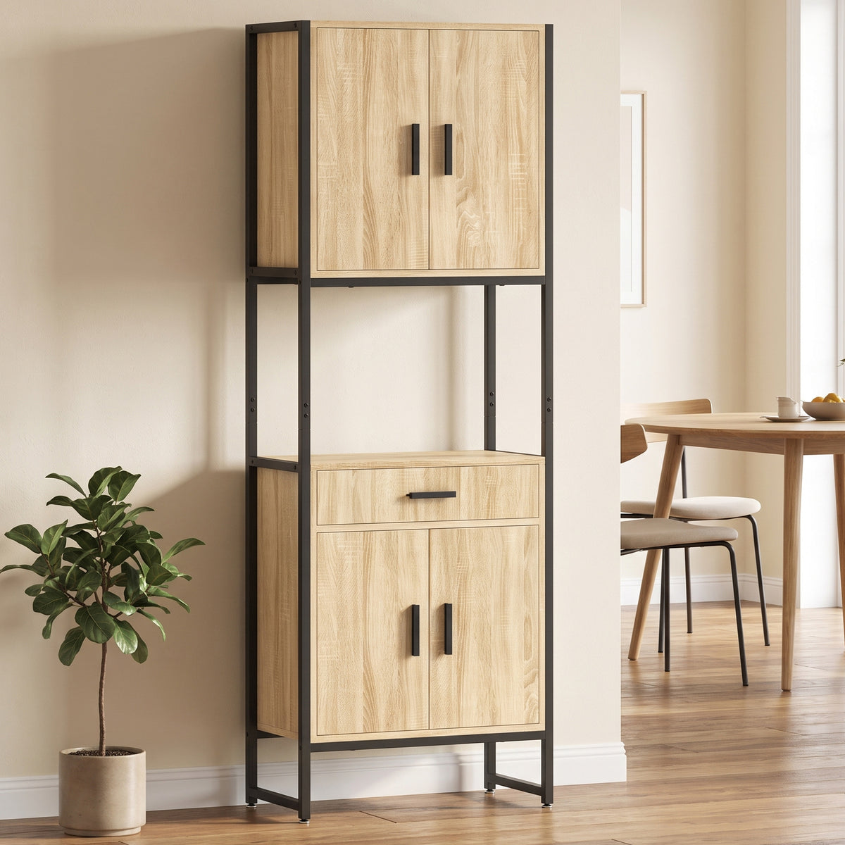 Buffet Haut Cuisine, Armoire de Cuisine, 4 Portes à Fermeture Douce, Tiroir, Plan de Travail, 60x30x170cm, Bois Naturel-1
