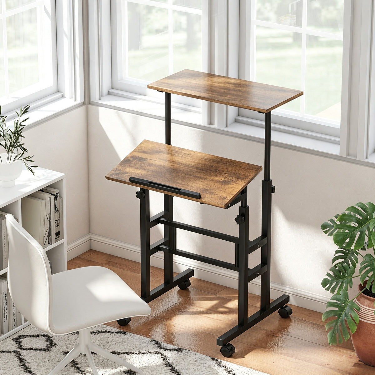 Bureau assis debout bureau réglable en hauteur 60 x 60 cm à roulettes avec plateau inclinable cadre métal brun rustique-1