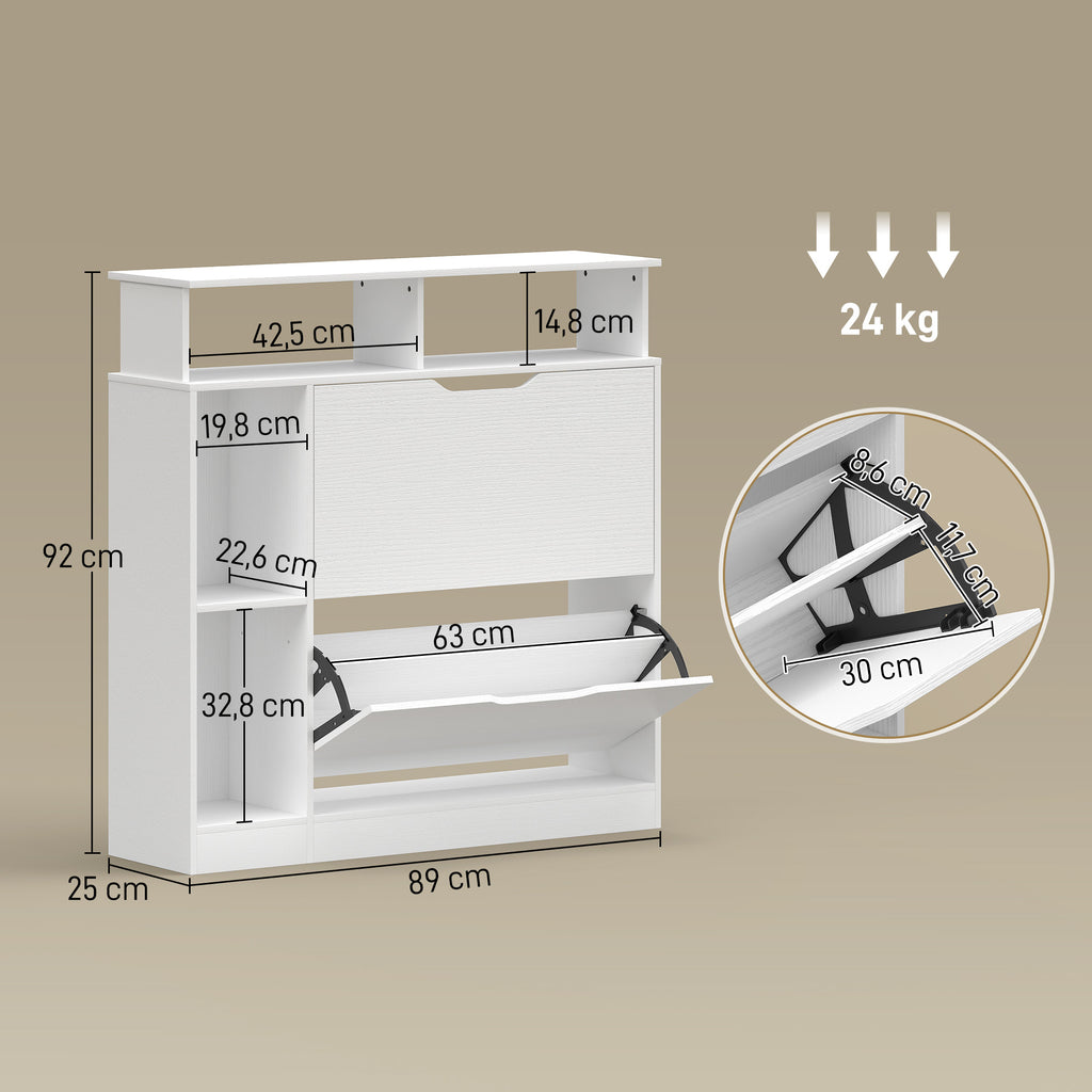 Meuble à chaussures, armoire à chaussures, 2 tiroirs rabattables, compartiments ouverts et étagère réglable, blanc-2