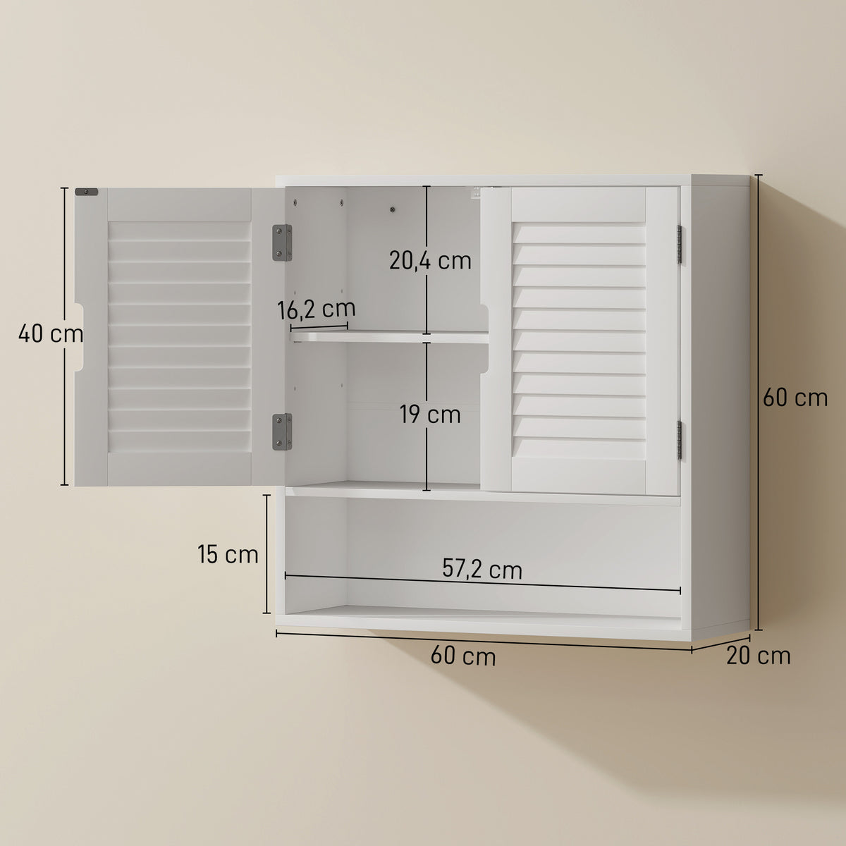 Armoire murale de salle de bain avec porte à lattes, étagère réglable et compartiment ouvert, 60x20x60cm, blanc-2