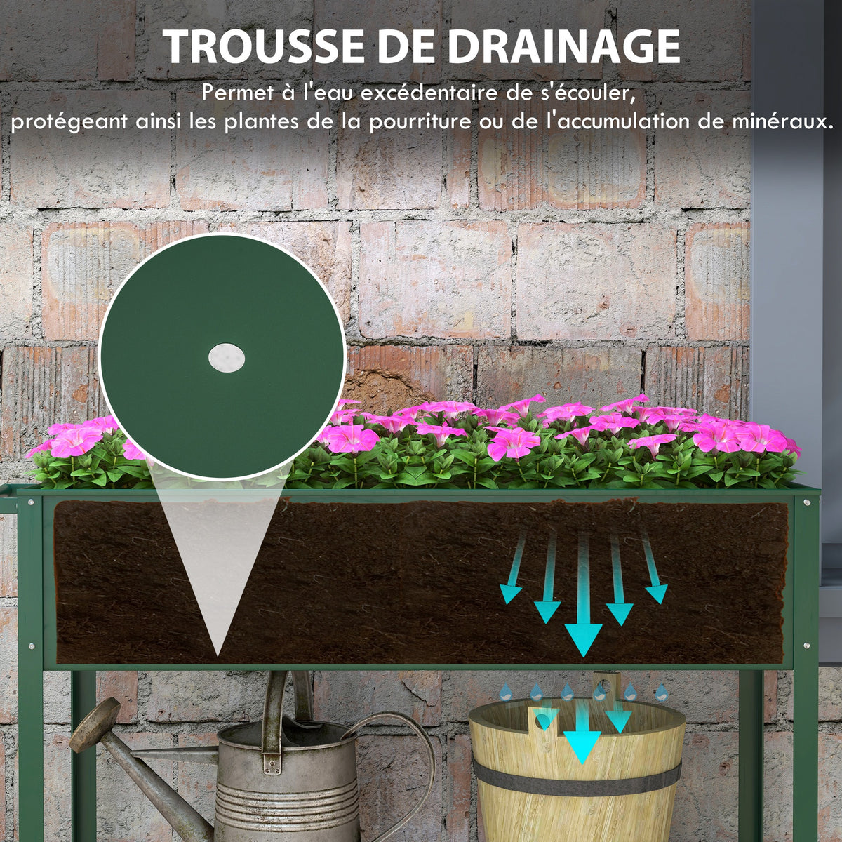 Jardinière sur Pieds Potager dim. 109L x 44l x 80H cm étagère 2 Roues + Insert d'irrigation métal Vert-6