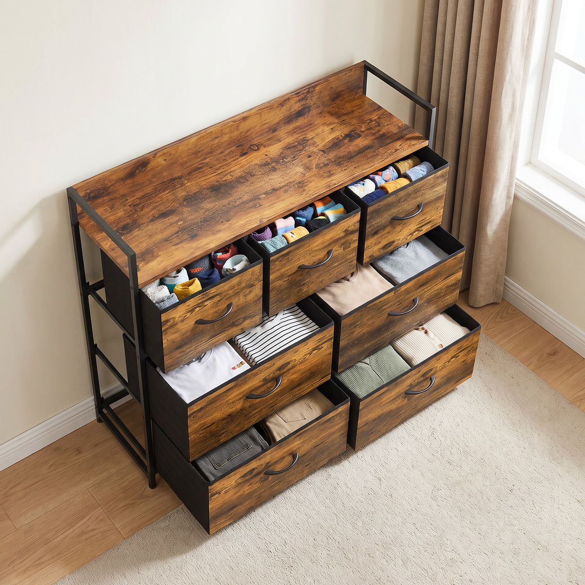 Commode 7 Tiroirs en Tissu Pliables, Commode Chambre Adulte avec Plateau Supérieur et Cadre en Acier, Brun Rustique-8