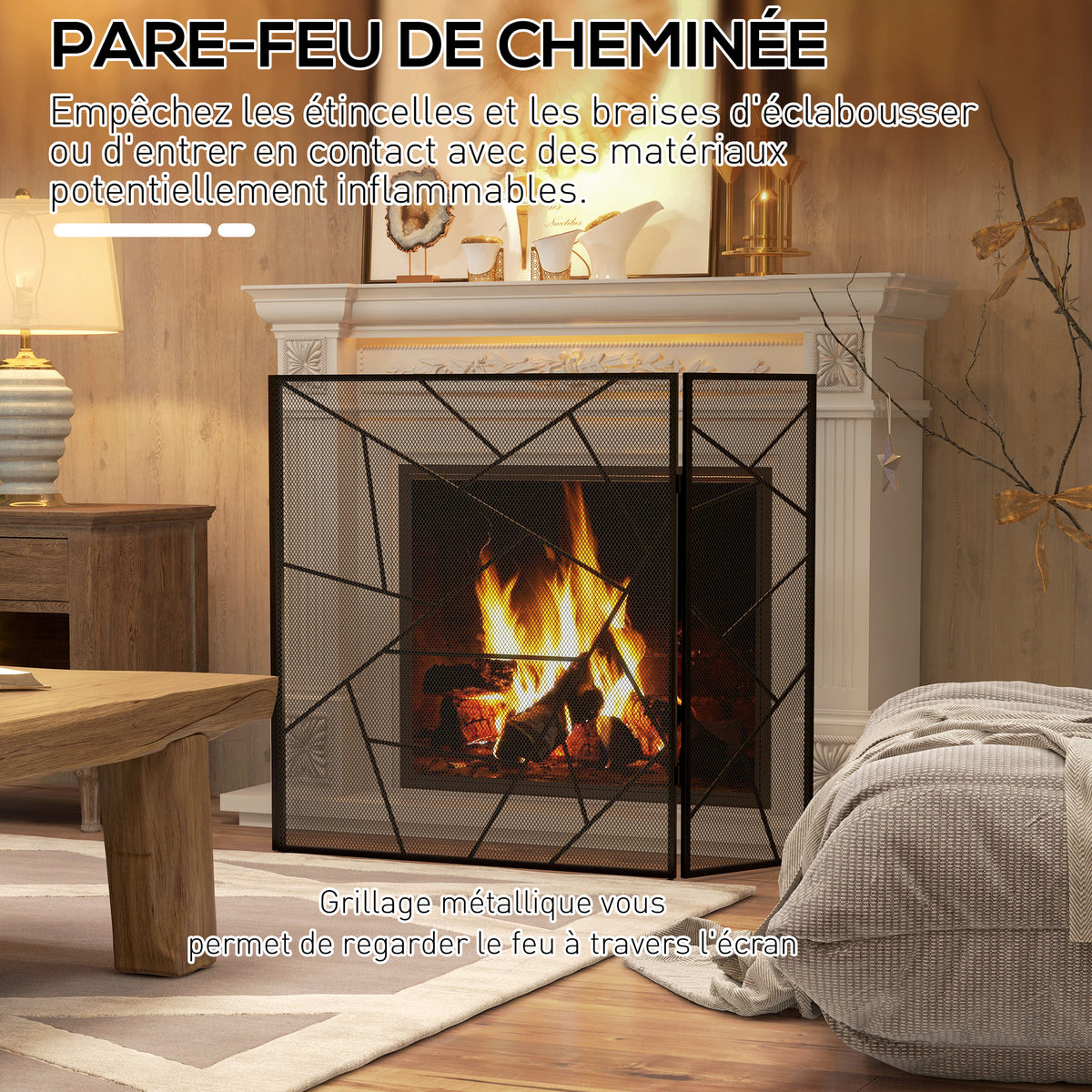Pare feu cheminée pliable 3 panneaux en acier avec décor géométrique et pieds antidérapants, 135l x 1,2P x 85H cm, noir-3