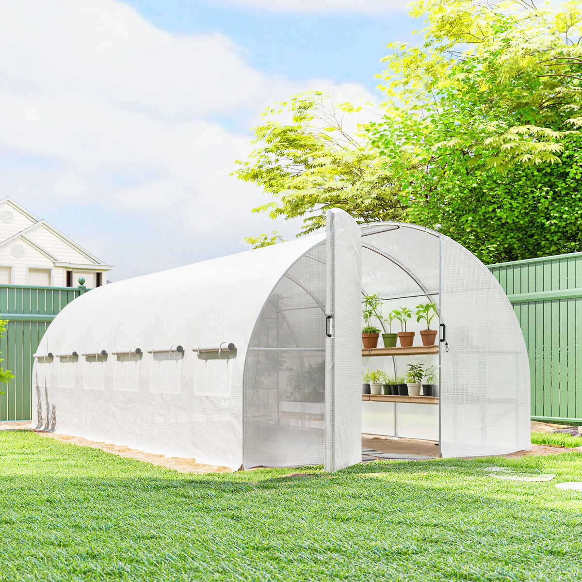 Serre Tunnel de Jardin 18m², Serre de Jardin Tunnel avec Porte et 12 Fenêtres avec Moustiquaires, 295x597x200cm, Blanc-9