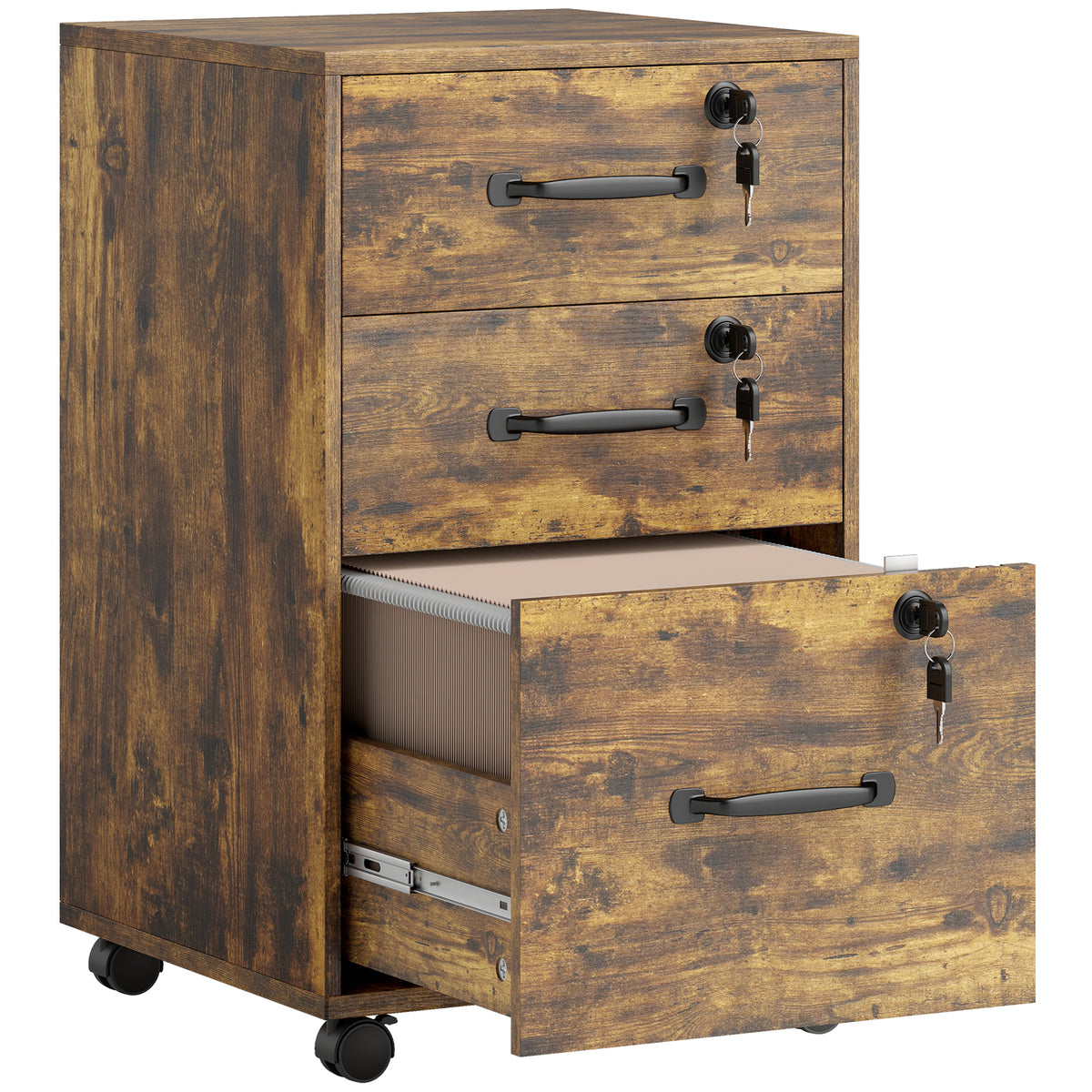 Caisson de Bureau Mobile avec 3 Tiroirs Verrouillables, Caisson de Rangement sur Roulettes, 40 x 40 x 69,5 cm, Marron-0