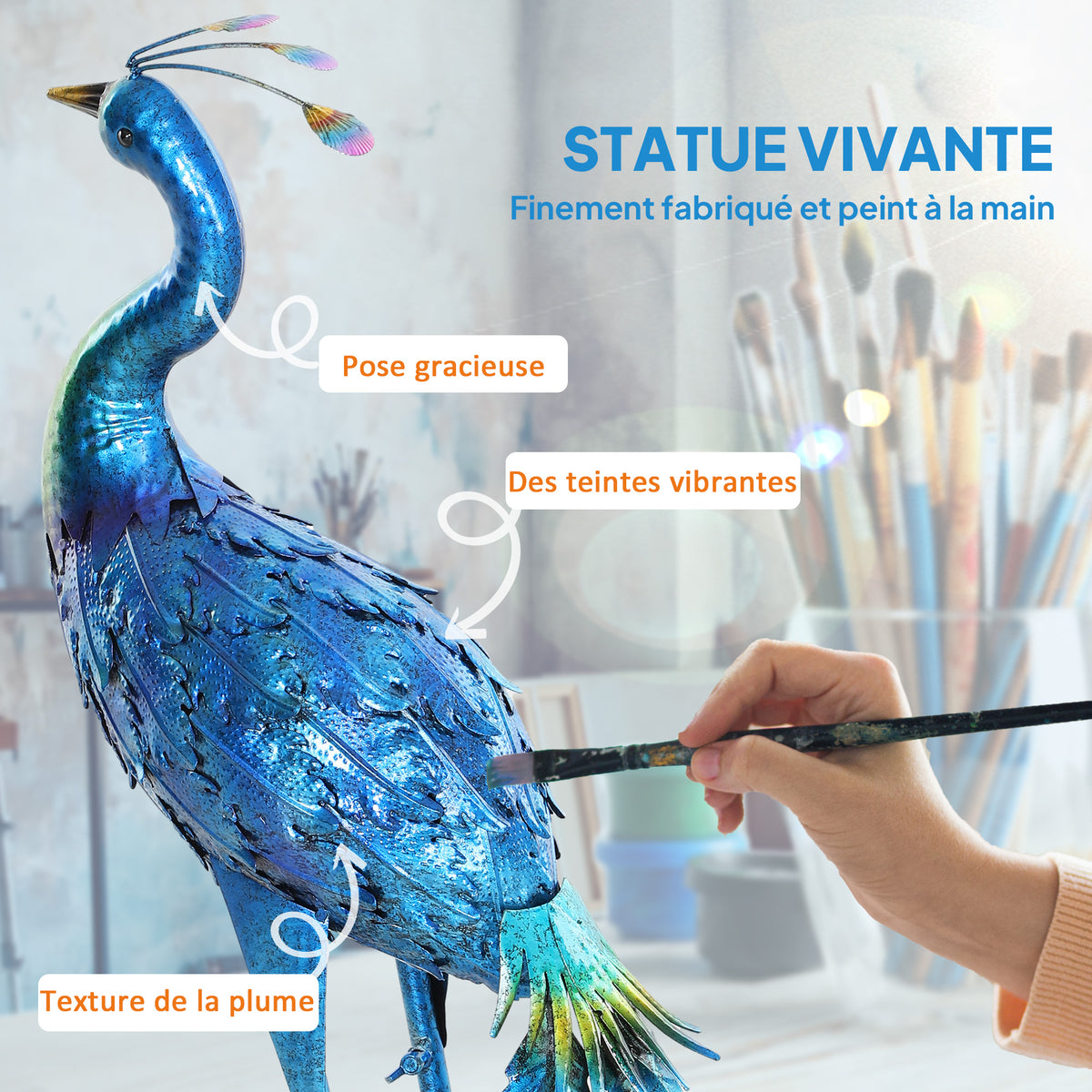 Statue de paon de jardin décoration jardin extérieure en métal résister aux éléments 40 x 43 x 83 cm multicolore-3