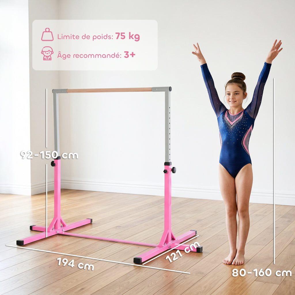 Barre Fixe de Gymnastique pour Enfant, Hauteur Réglable sur 13 Niveaux de 92-150 cm, en Acier et Bois de Hêtre, Barre de Gym d'Entraînement à Domicile, Antidérapant, Facile à Assembler, Rose-3