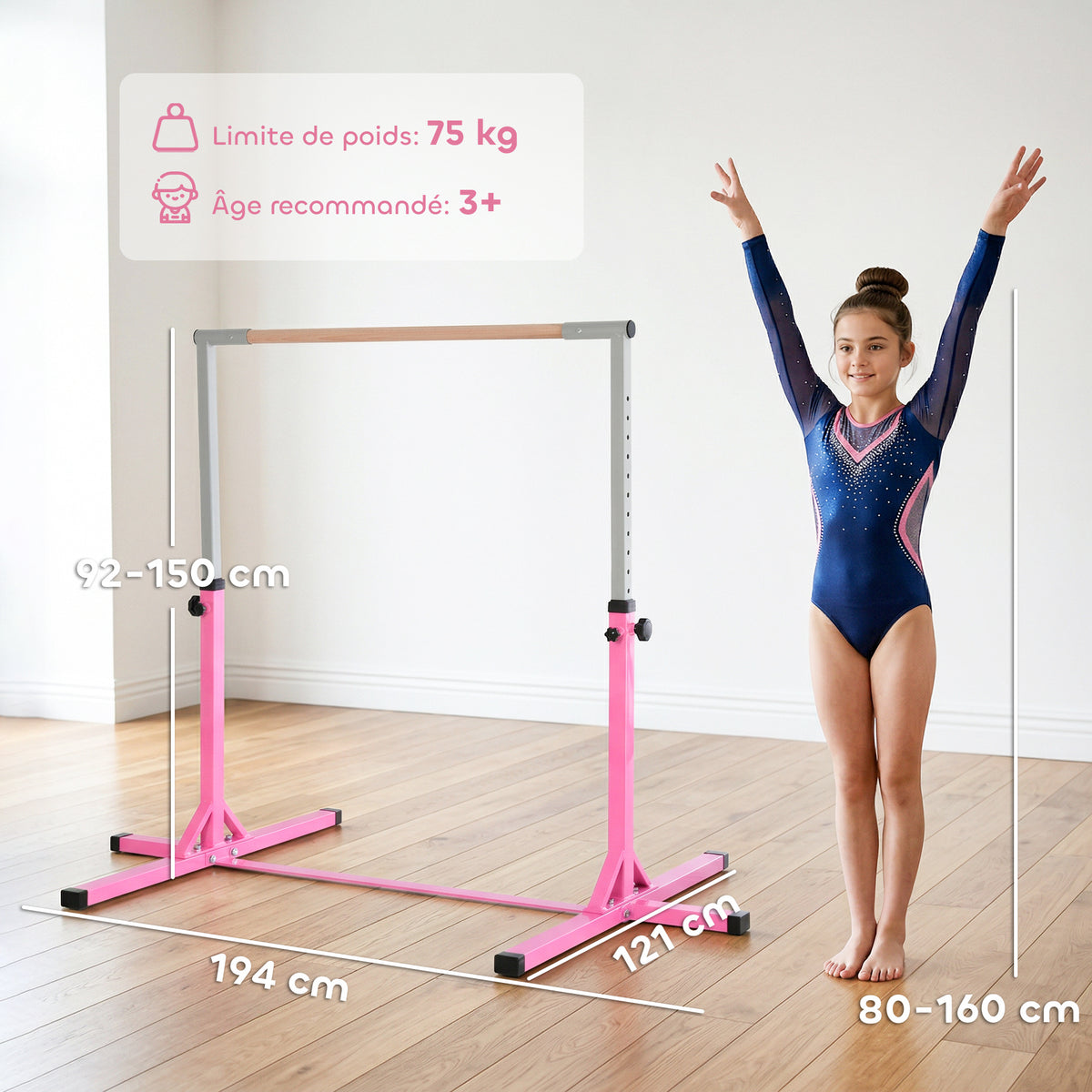 Barre Fixe de Gymnastique pour Enfant, Hauteur Réglable sur 13 Niveaux de 92-150 cm, en Acier et Bois de Hêtre, Barre de Gym d'Entraînement à Domicile, Antidérapant, Facile à Assembler, Rose-3