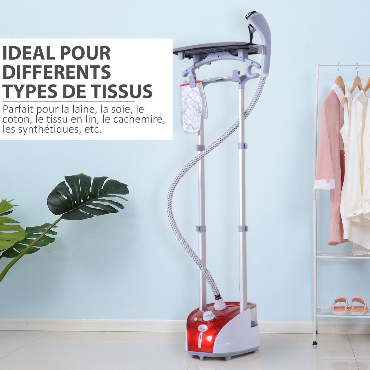 Défroisseur vapeur vertical 1950 W 32g/min, réservoir d'eau de 2 litres, tige télescopique, fer vertical autonomie 45min, 11 températures réglables, prêt en 38s, planche et cintre fournis rouge-4