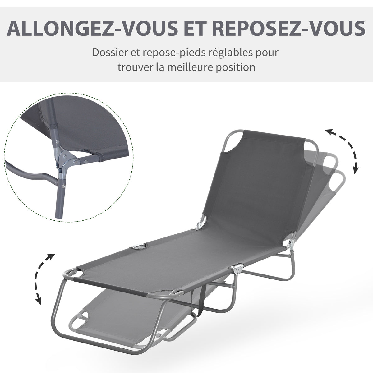 Bain de Soleil transat Pliable Dossier réglable Multipositions métal et Polyester Gris-3