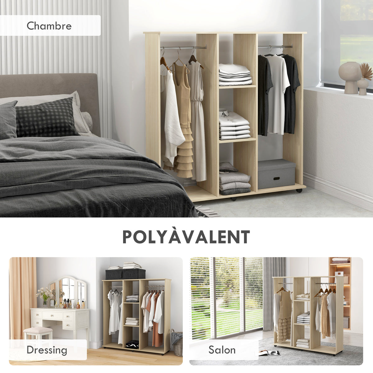 Armoire penderie Meuble de Rangement Mobile 6 roulettes 120L x 40l x 128H cm en bois naturel-4
