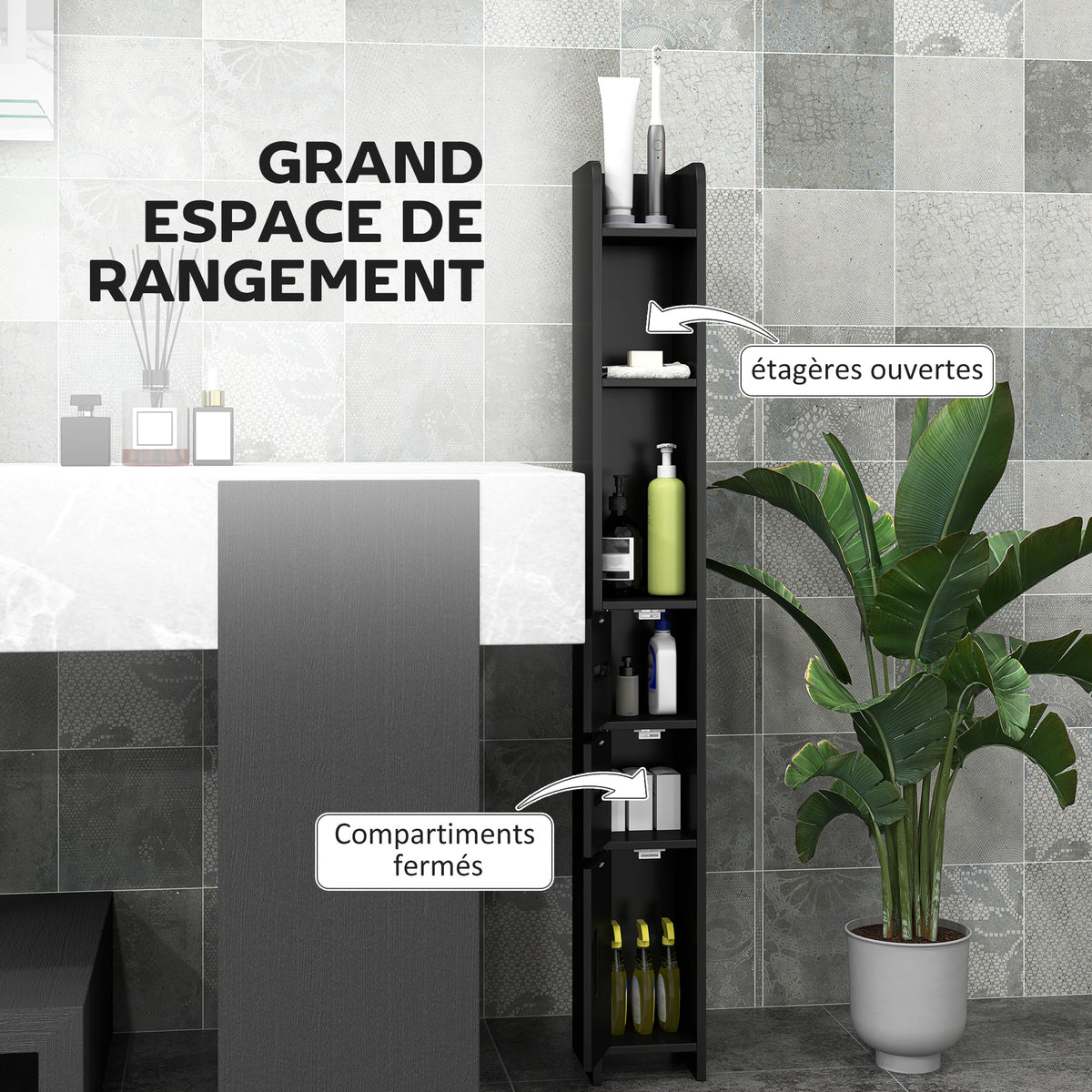 Meuble colonne de salle de bain armoire toilette haute avec étagères et placards - 15 x 17 x 120 cm noir-3