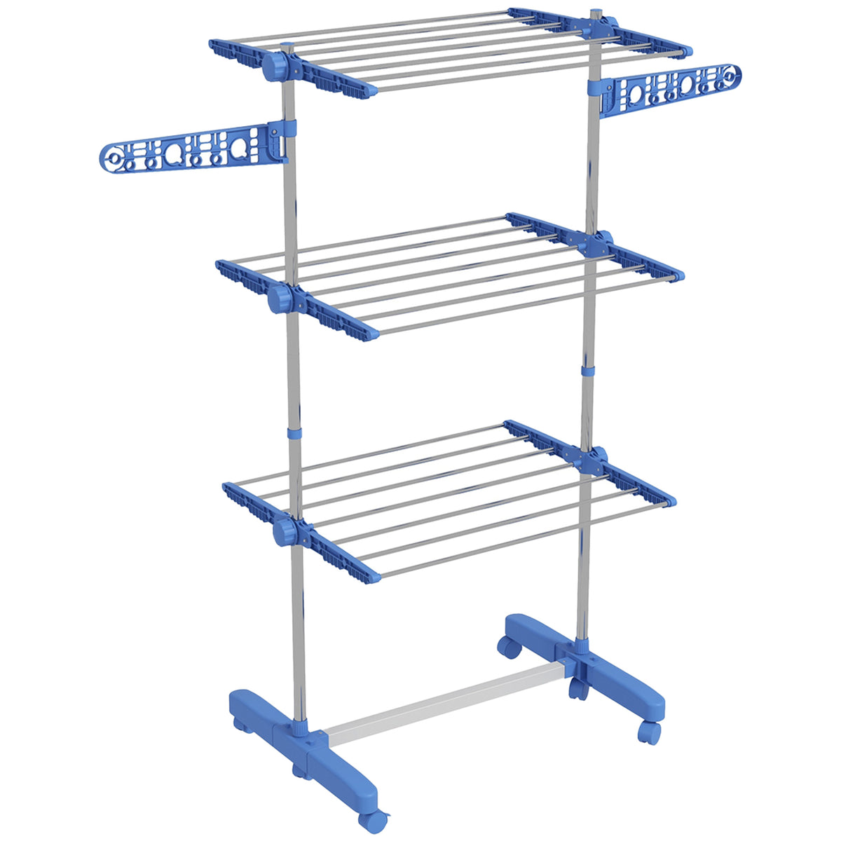 Séchoir à linge étendoir pliable ailes latérales utilisation intérieure et extérieure 3 niveaux 142 x 55 x 152 cm bleu-0