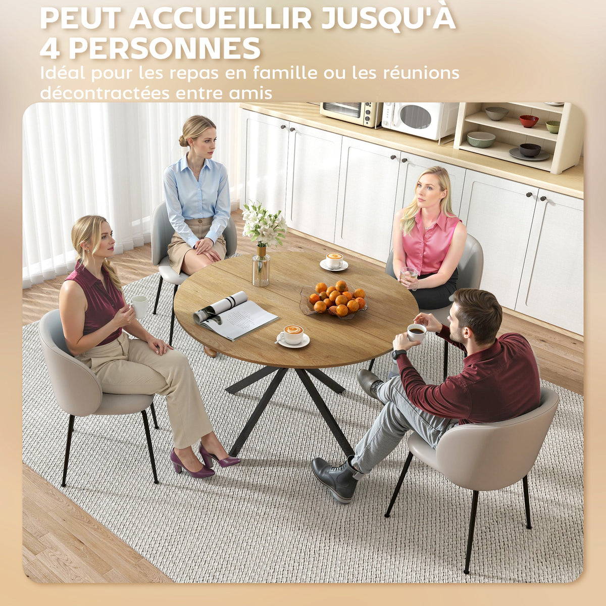 Table à manger ronde pour 4 personnes 120 cm style industriel avec plateau aspect bois, piètement croisé en acier, chêne-4