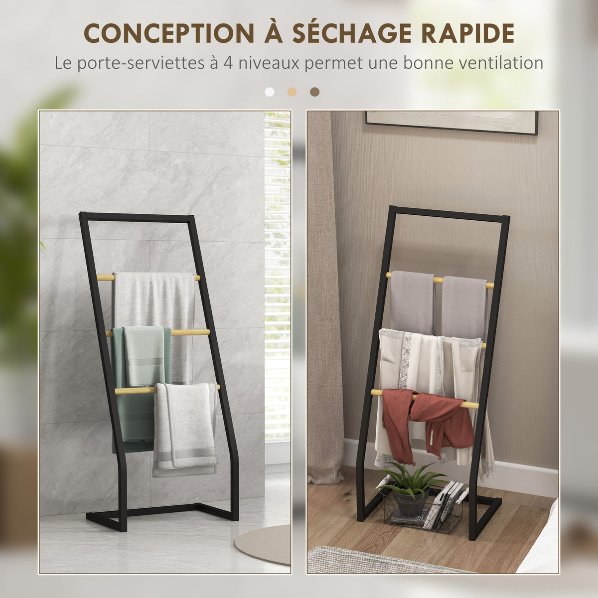 Porte-serviettes sur pieds en bambou et acier avec 4 barres support 40,5L x 28l x 98H cm - noir et naturel-4