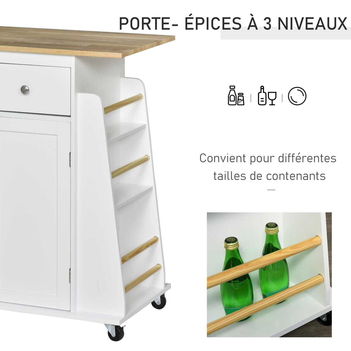 Desserte de cuisine ilôt cuisine avec plan de travail étagère range-bouteilles porte-torchons 2 tiroirs placard-7