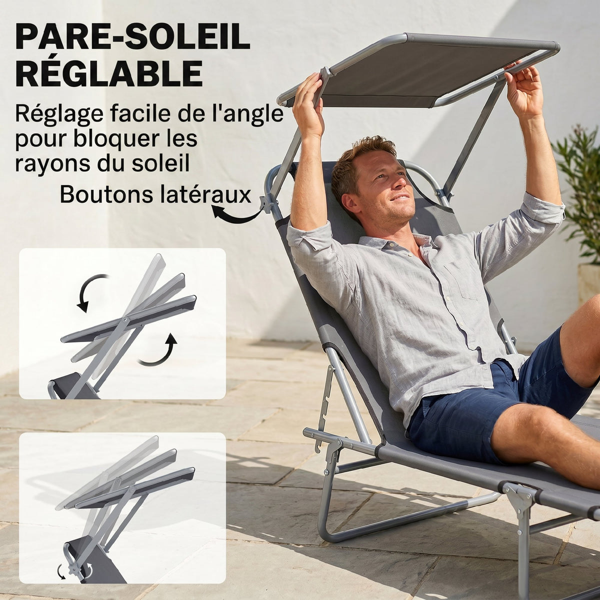 Transat Bain de Soleil Pliable Chaise Longue Pliante Grand Confort Dossier Inclinable Multi-positions et Pare-Soleil réglable Dim. 187L x 58l x 36H cm Gris-3