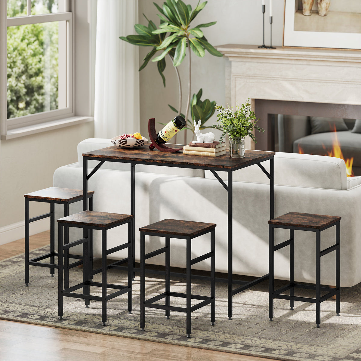Ensemble table de bar industriel + 4 tabourets repose-pieds en bois couleur chêne cadre en métal noir-7