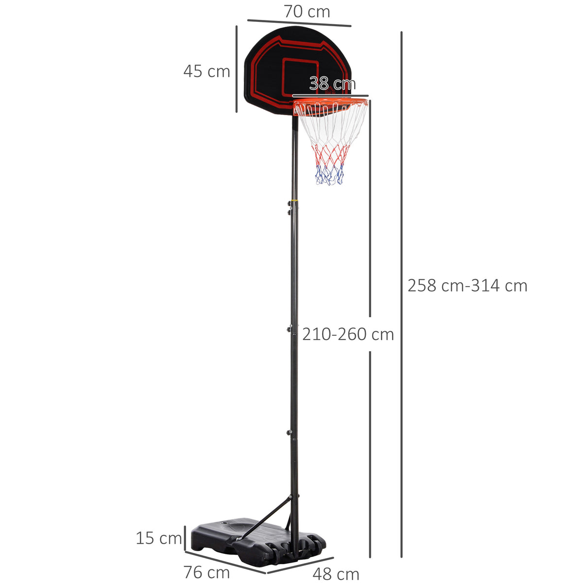 Panier de basket extérieur avec poteau panneau, base de lestage sur roulettes hauteur réglable 2,1-2,6 m (panier)-2