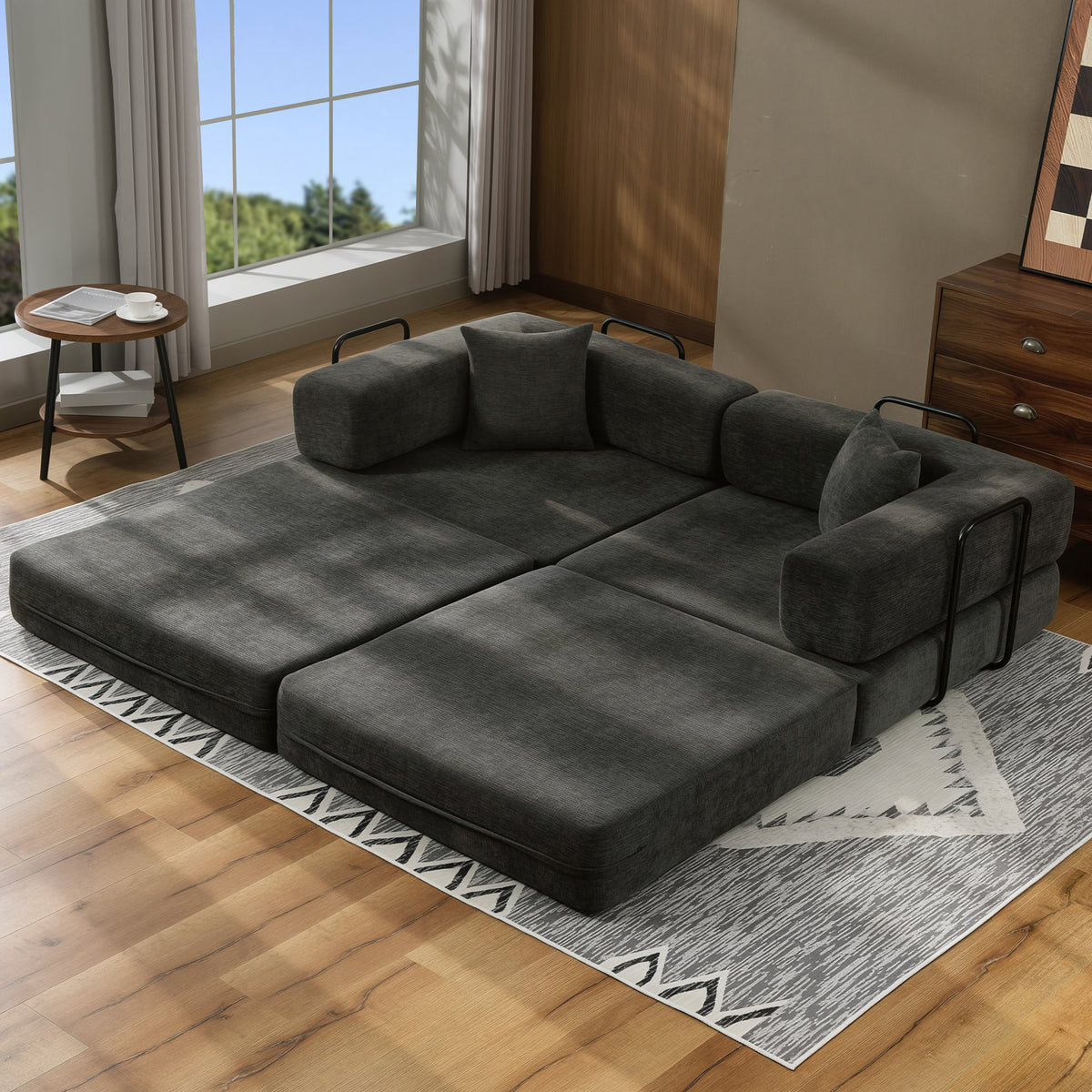 Canapé Convertible 2 Places, Canapé-Lit en Chenille 198 cm, Assise et Accoudoirs Larges, 2 Coussins, Gris Foncé-1