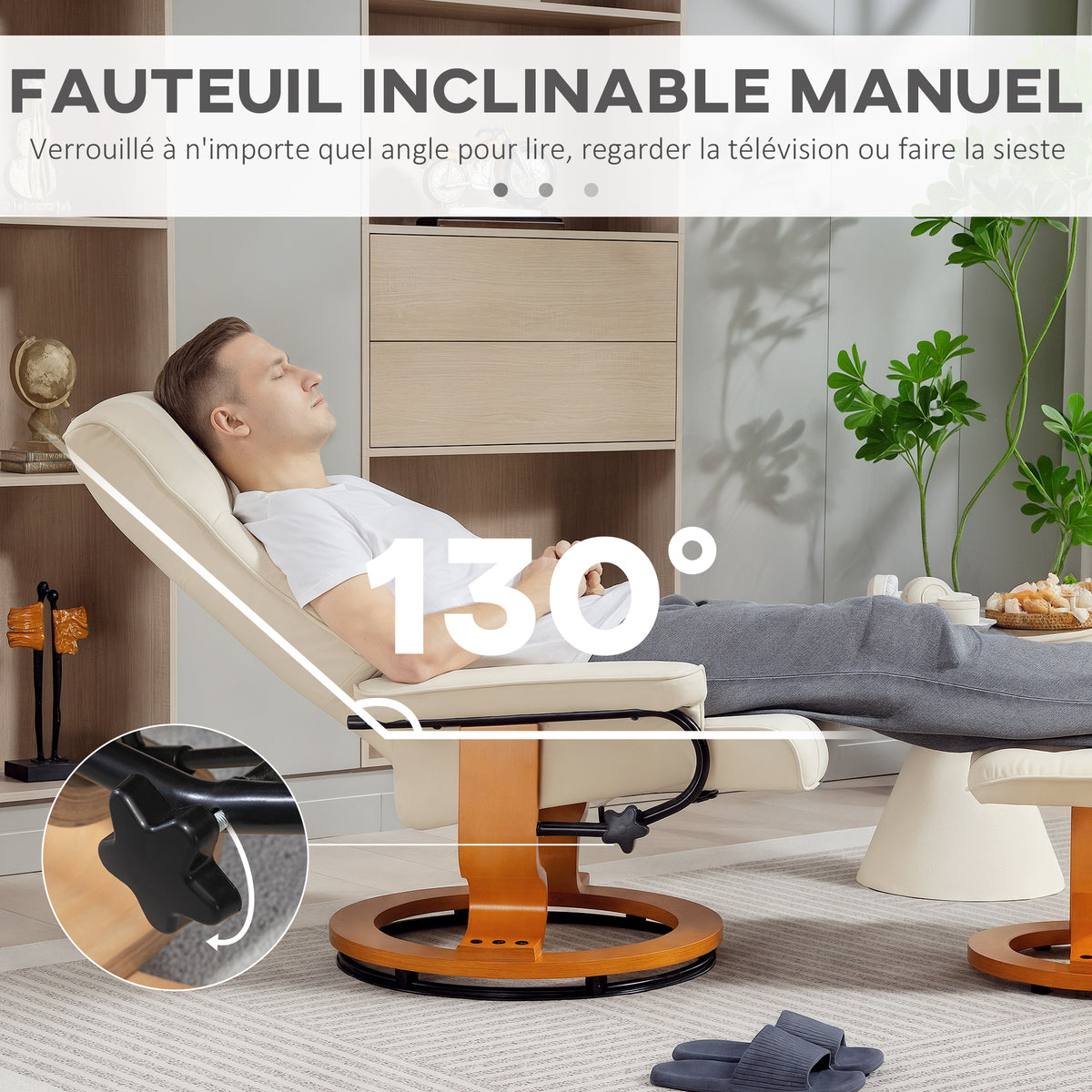 Fauteuil de relaxation inclinable avec repose-pied, pivotant, cadre en bois , revêtement synthétique crème-3
